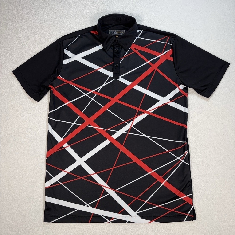Loudmouth Golf Polo Men's‎ S Black Geometric Abstract Stretch Spellout Logo
